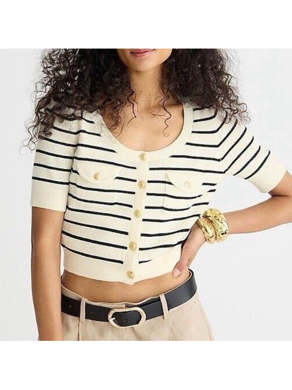 J. Crew Cream and Navy Striped Cropped Knit Cardigan